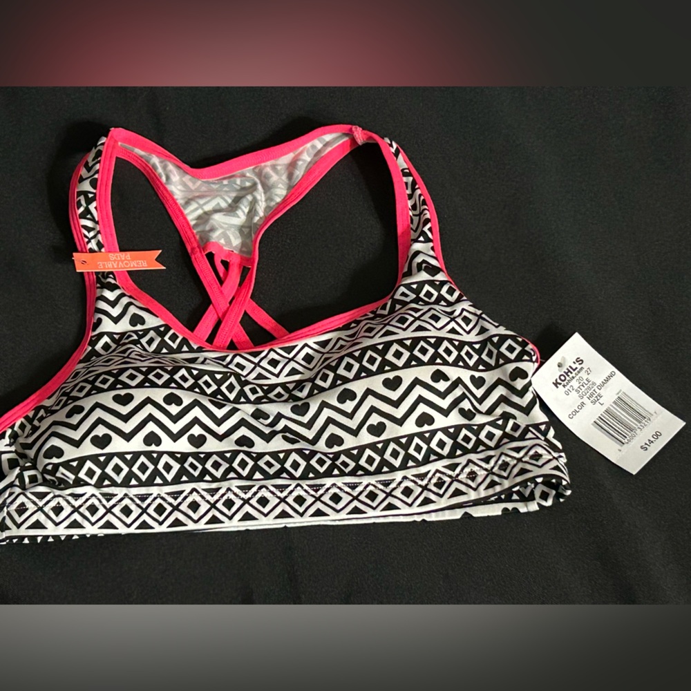 SO Black & White Heart Diamond Aztec Print Bathing Suit Top SZ LG NWT